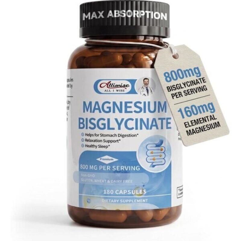 Magnesium Bisglycinate 800mg - Maximum Absorption, Gentle on Stomach, 180 Counts