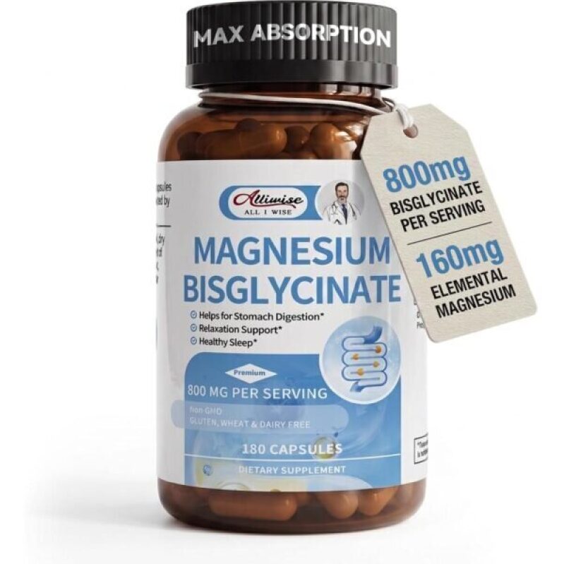 Magnesium Bisglycinate 800mg - Maximum Absorption, Gentle on Stomach, 180 Counts
