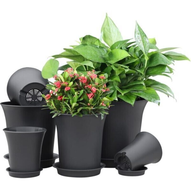 Oliz Planter Pot Sets: 6 Sizes Flower Pots with Drainage Holes and Saucers, Dark Grey