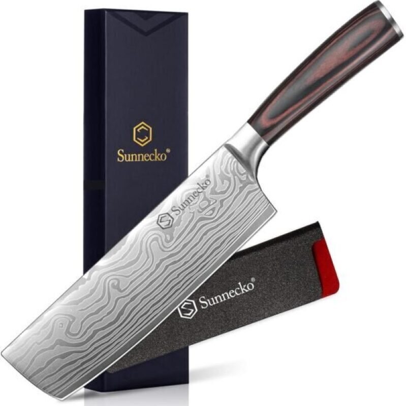 Sunnecko Japanese Nakiri Knife 7 Inch - Carbon Steel Chef Knife with Sheath