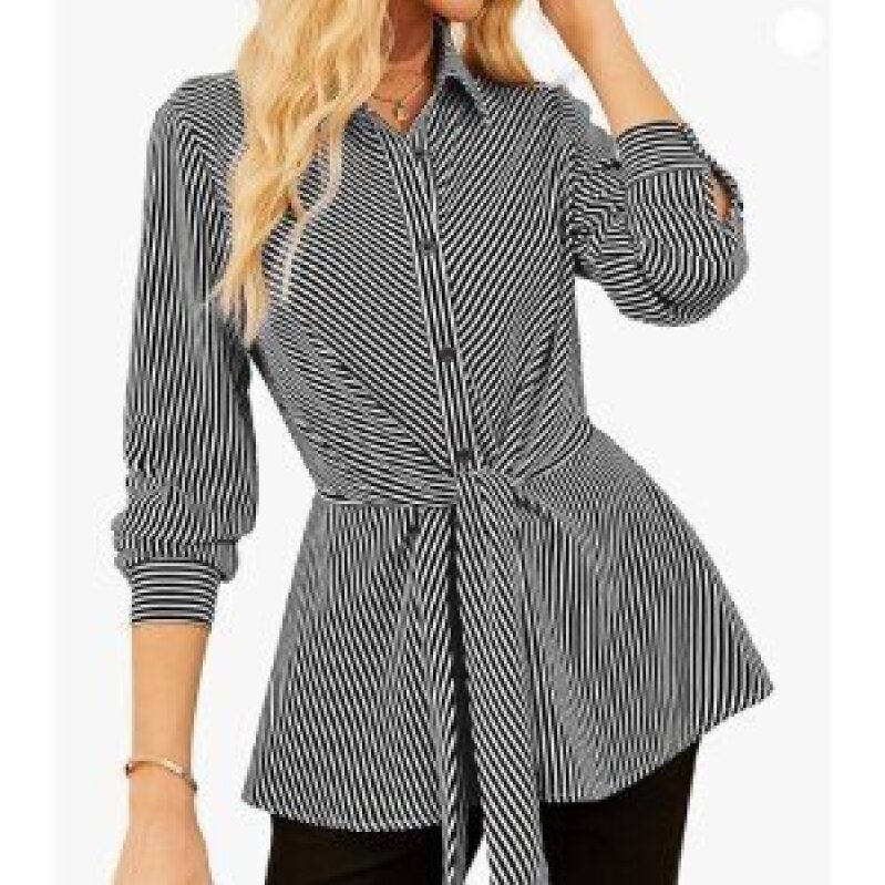 Elegant Black and White Striped Blouse with Ruffled Hem