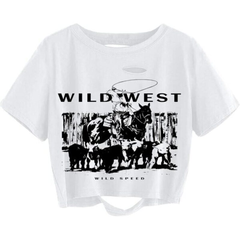 Vintage Graphic Distressed Crop Top - Wild West Design
