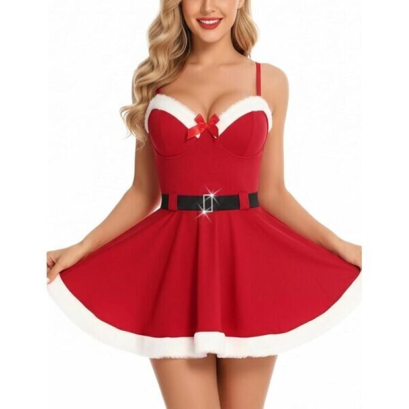 Santa Dress for Women Christmas Costume with Fur Trim, Deep V-Neck, Adjustable Straps, Belt, Santa Outfits for Holiday Party -50%