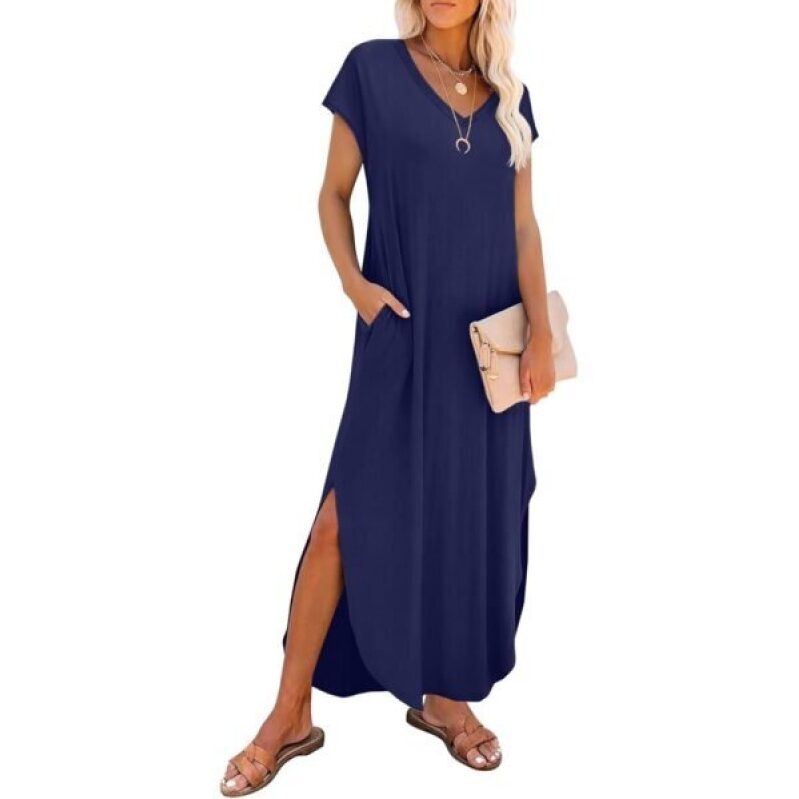 Navy Blue V-Neck Cap Sleeve Beach Vacation Dress – 55% Off