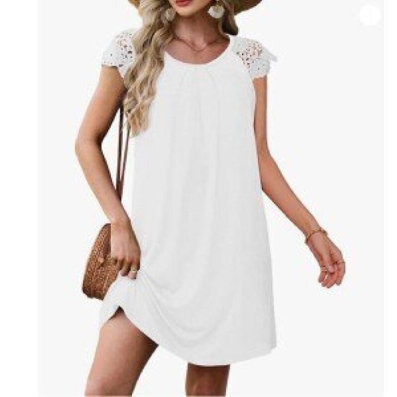 Chic and Comfortable White Lace-Trim Short Sleeve Dress for Women