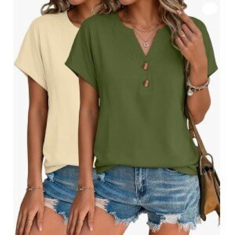 INNOVATOP Women's Short Sleeve Henley Tops 2-Piece Set