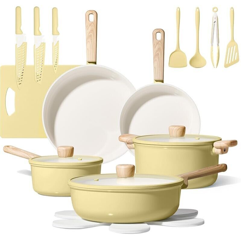 24pcs Ceramic Cookware Set w/Knife Set - Durable, Nonstick, Safe Cooking