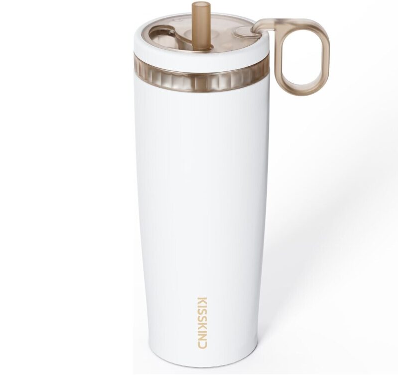 KISSKIND Stainless Steel Vacuum Travel Mug - 20oz, Hidden Straw, Ceramic Coating, Leak-Proof
