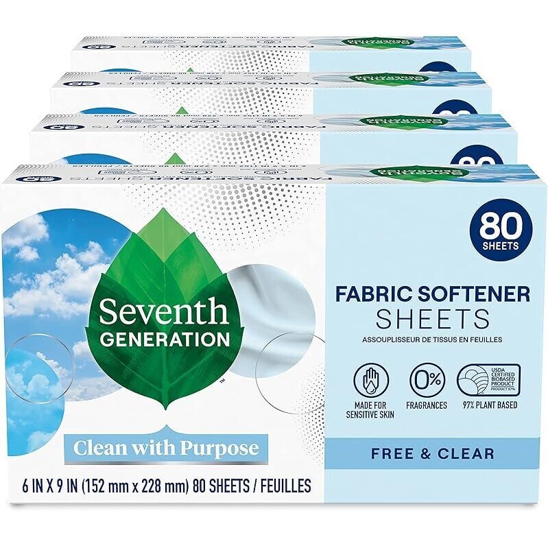 Seventh Generation Dryer Sheets: Hypoallergenic Fabric Softener, Free & Clear, 320 CT