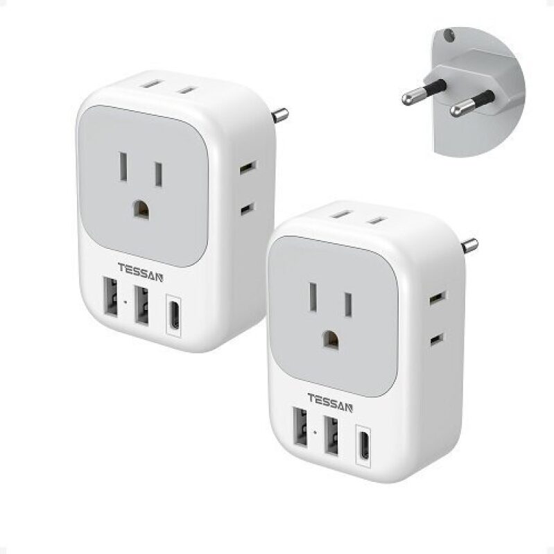 TESSAN European Plug Adapter - 2 Pack with 4 AC Outlets & 3 USB Ports