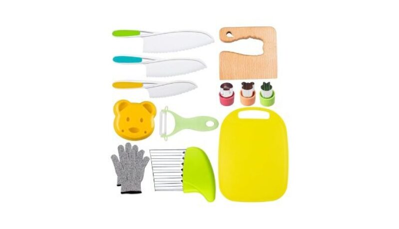 Leking 13 Pcs Wooden Kids Kitchen Knife Set with Gloves, Cutting Board, and More