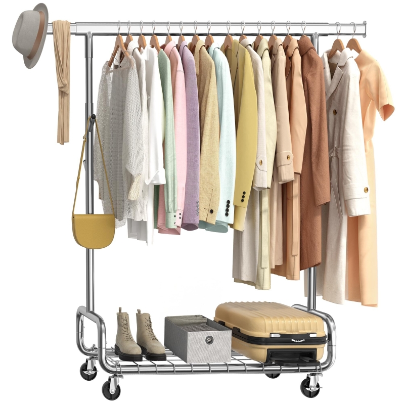 SONGMICS Rolling Clothes Rack - Heavy-Duty Steel with Bottom Shelf