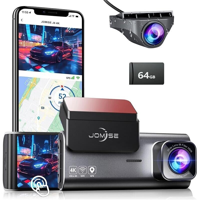 JOMISE 4K Dash Cam Front and Rear w/64GB Card - High-Resolution Driving Companion