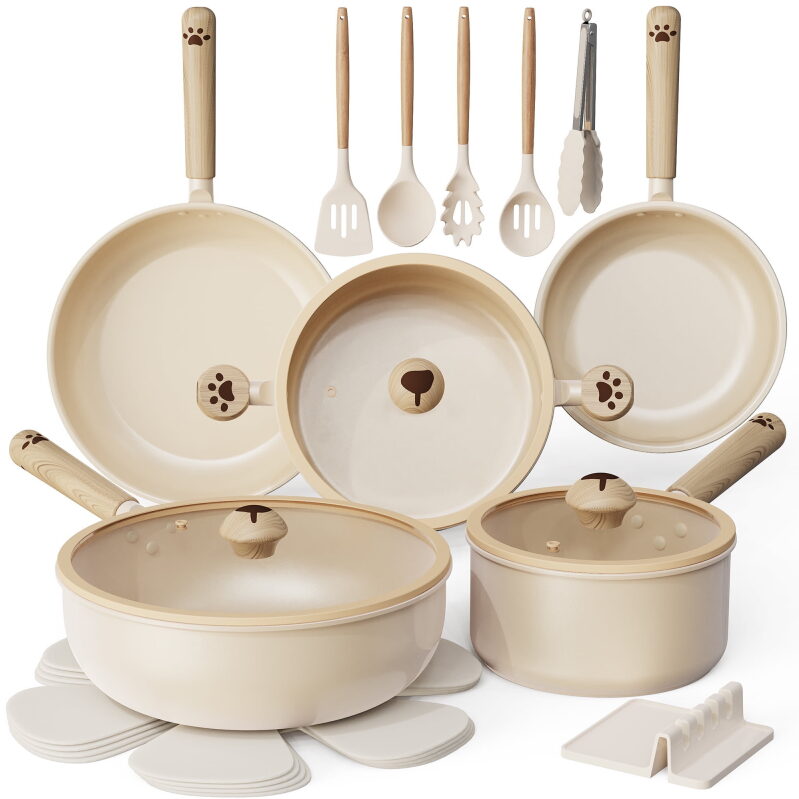 Astercook 17pcs Ceramic Cookware Set with Dog Paw Wooden Handles