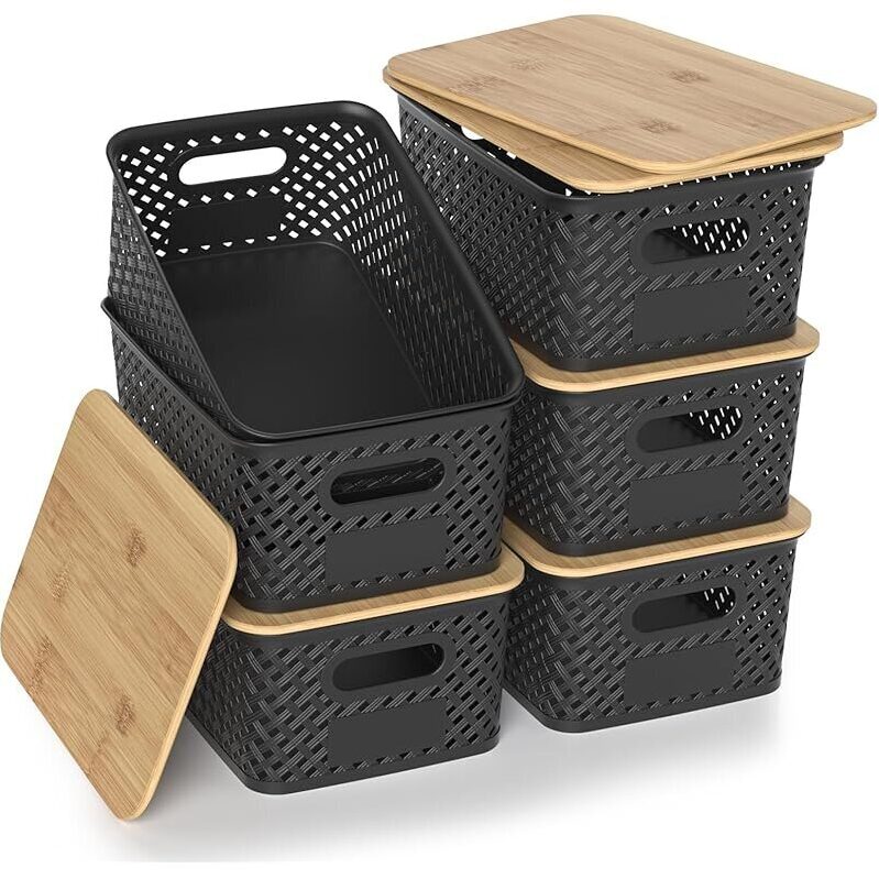 6-Pack Stackable Plastic Storage Bins with Bamboo Lids - Ideal for Home Organization