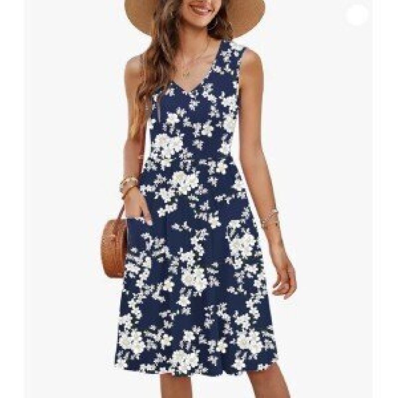 Navy Floral Sleeveless Summer Dress