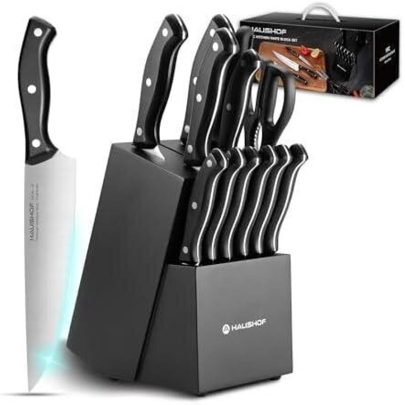 HAUSHOF 14-Piece Forged Stainless Steel Knife Set with Wooden Block - 53% OFF
