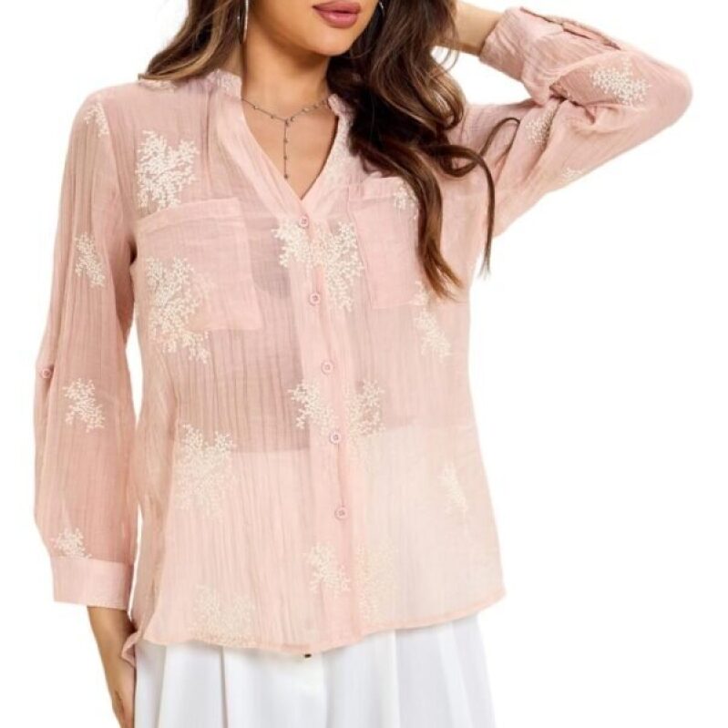 Pink Floral Embroidered Blouse - 58% Off