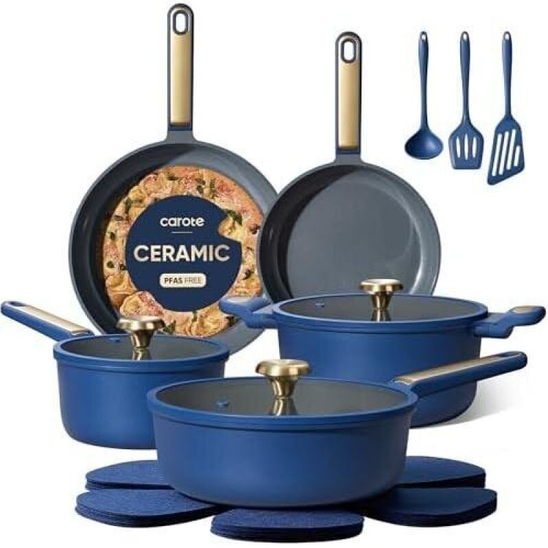 Elevate Your Cooking with Carote Ceramic Cookware Set - 16 Piece Non-Stick Pots and Pans
