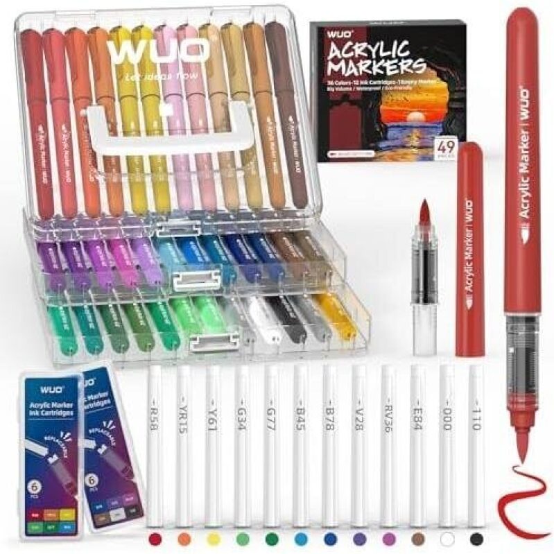 WUO 36 Color Acrylic Markers Set with Extra Ink Cartridges - 63% Discount