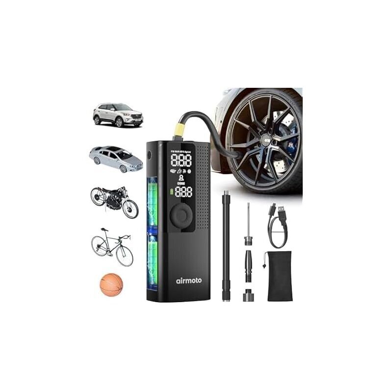 Portable Airmoto Tire Inflator with Digital Pressure Gauge - Ideal for Car, Bike, and Sports