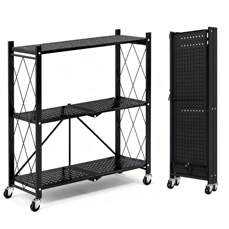 3-Tier Foldable Metal Storage Shelf with Wheels