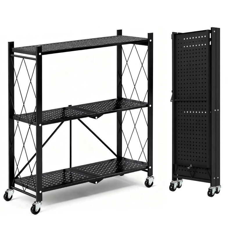 3-Tier Foldable Metal Storage Shelf with Wheels