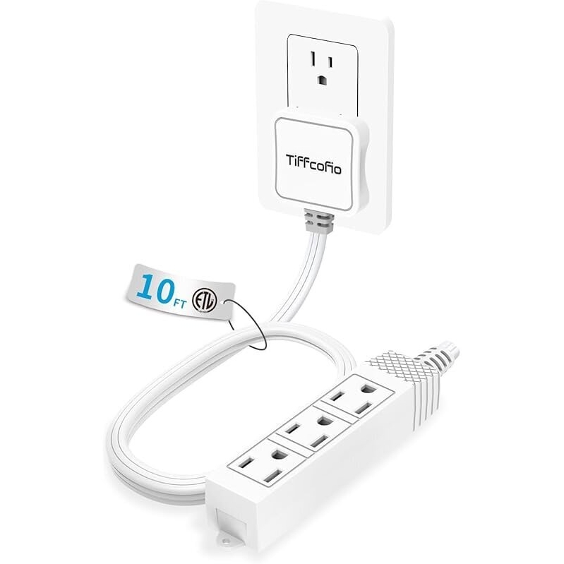 10ft Flat Plug Outlet Strip with 3 Prong, 3 Grounded Outlets - Space-Saving Design