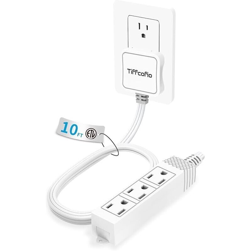 10ft Flat Plug Outlet Strip with 3 Prong, 3 Grounded Outlets - Space-Saving Design
