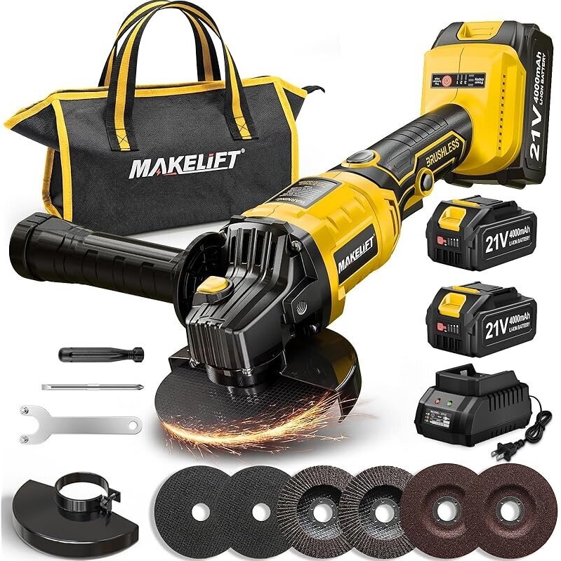 Makelift Cordless Angle Grinder 4-1/2-in Brushless Tool Kit - High Efficiency & Durability
