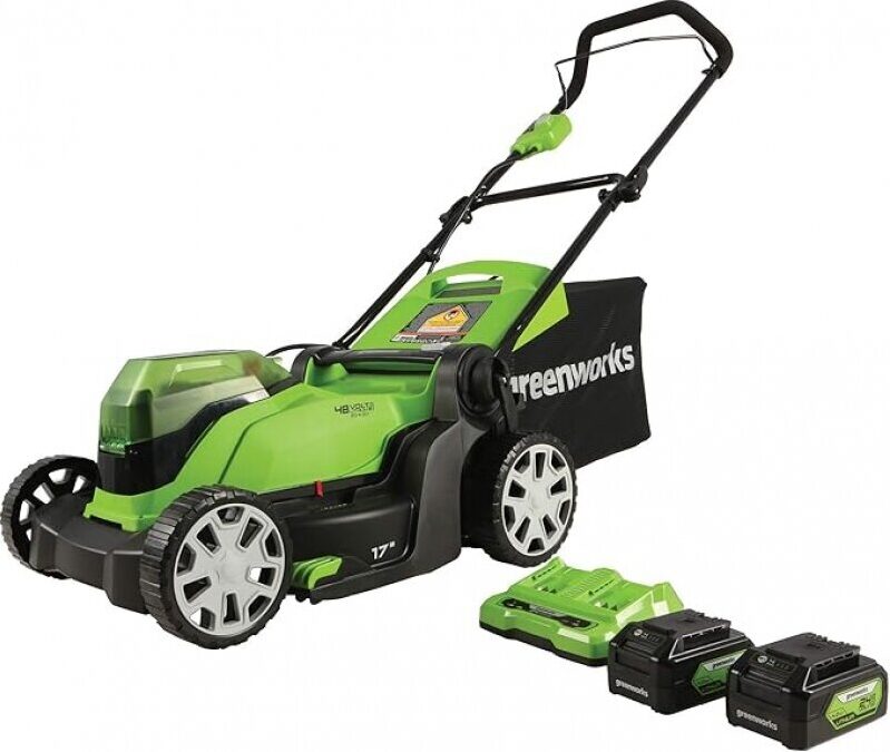 Greenworks 48V 17 Inch Cordless Lawn Mower - Dual Battery, 45 Min Runtime, 2-in-1 Mulching/Bagging