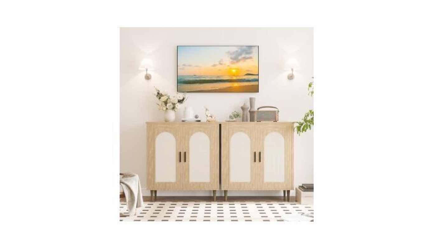 Elegant GarveeHome Sideboard Buffet with Rattan and Solid Wood Feet