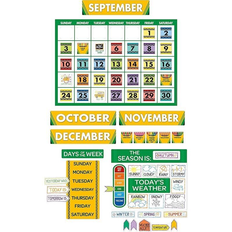 Eureka Crayola Colors and Shapes Calendar Bulletin Board Set - 28 Pcs