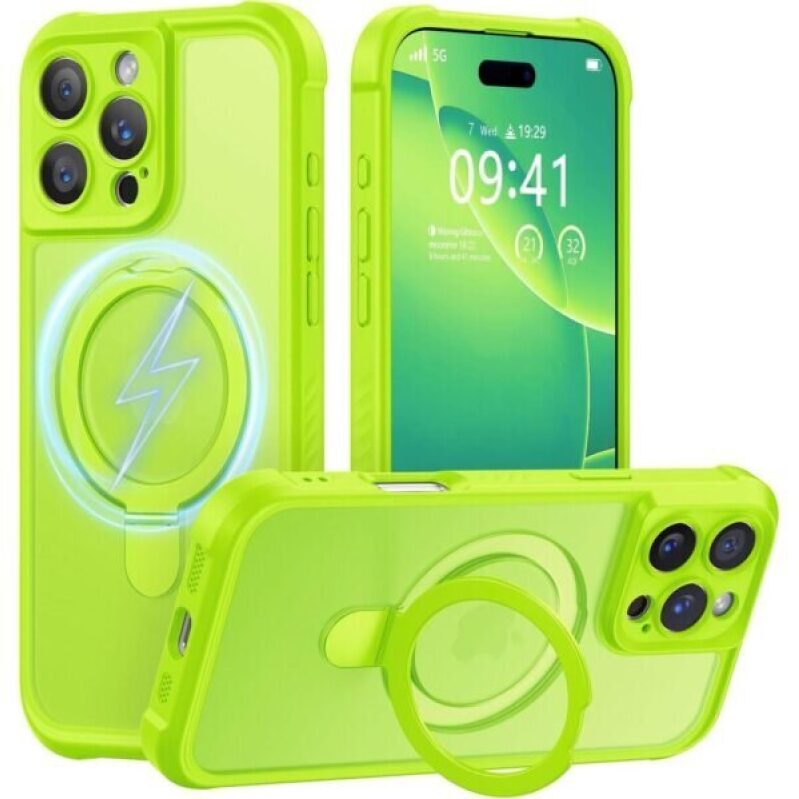 Protective iPhone 16 Pro Max Case with Ring Stand - Neon Green