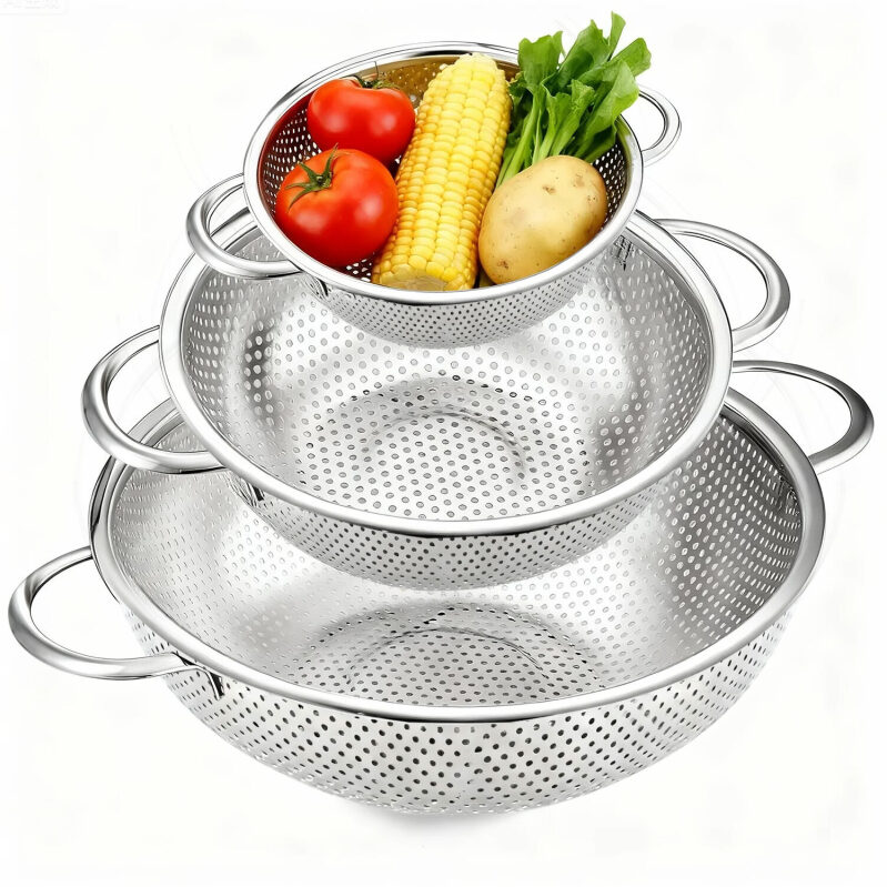 AOKIWO Stainless Steel Micro-Perforated Colanders Strainers, Set of 3 - Durable, Rust-Proof Kitchen Essentials