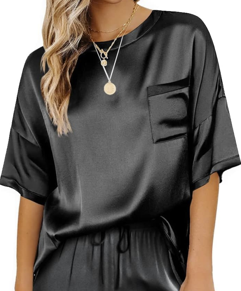 Ekouaer Women's Satin Silky Pajama Set - Short Sleeve Pullover Top & Wide-Leg Pants