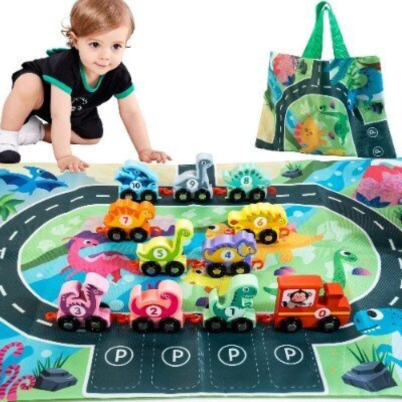 Wooden Dinosaur Train Set for Toddlers - Educational Playmat