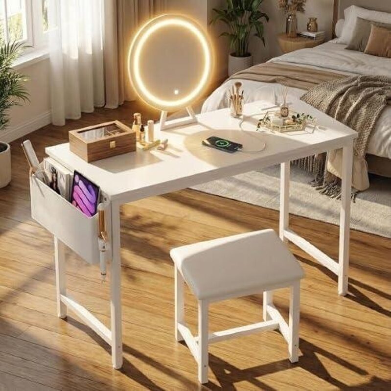 Affordable Vanity Desk Set with Mirror and Stool, 55% Discount
