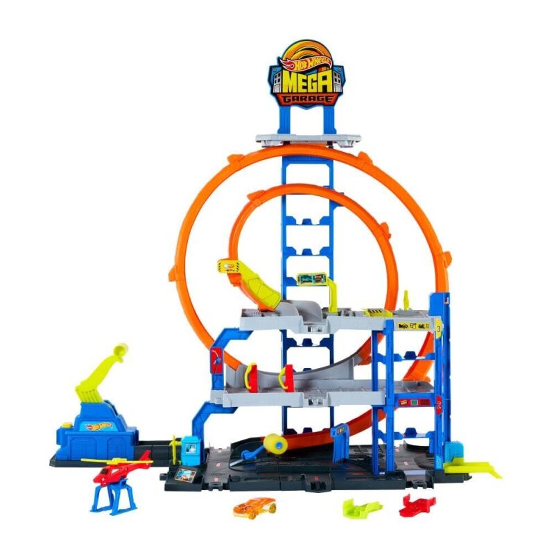 Hot Wheels Mega Loop Garage Playset with Die-Cast Car & Helicopter