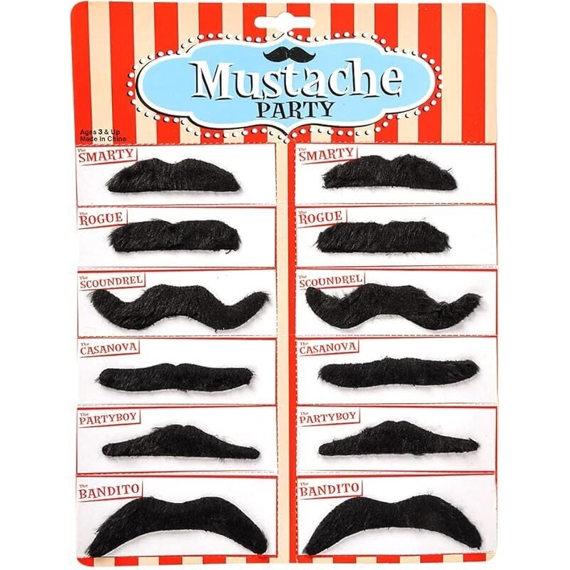 12-Pack Road Island Novelty 3.5-inch Black Fake Mustaches - Fun & Versatile Party Mustaches