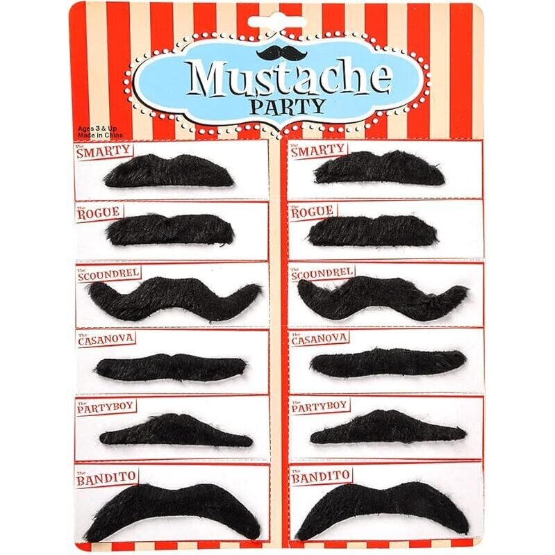 12-Pack Road Island Novelty 3.5-inch Black Fake Mustaches - Fun & Versatile Party Mustaches