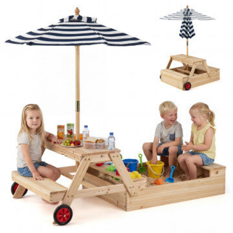 2-in-1 Wooden Sandbox with Foldable Umbrella & Picnic Table for All-Day Play