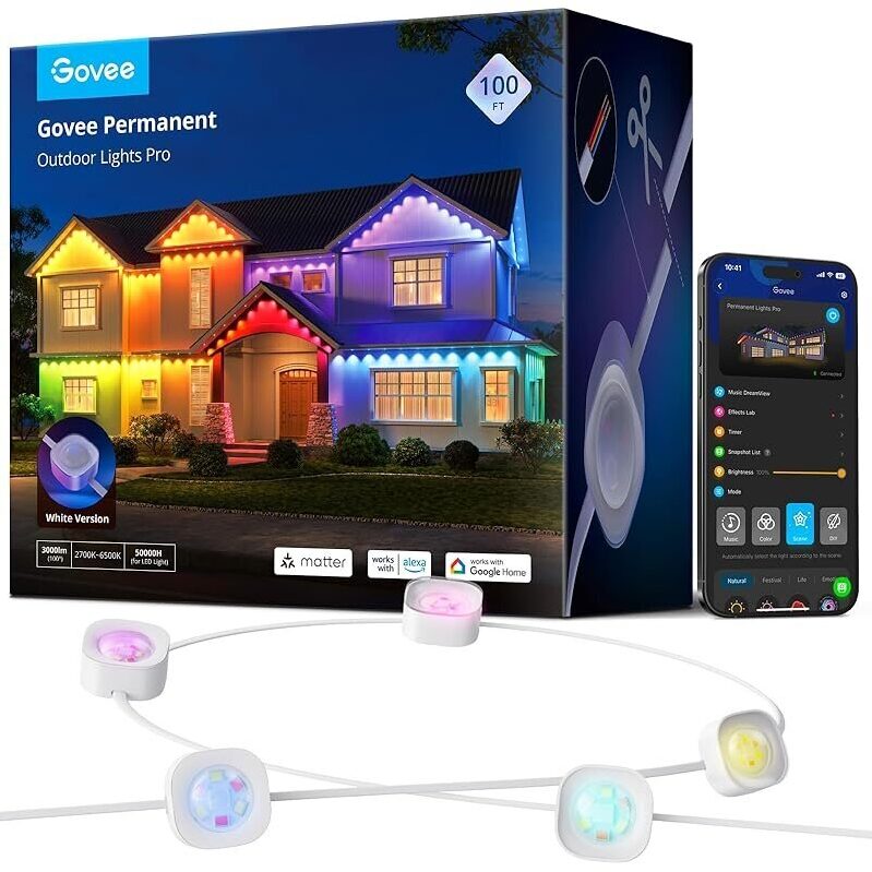 Govee Permanent Outdoor Lights Pro 100ft w/60 RGBIC Lights - Premium Home Lighting