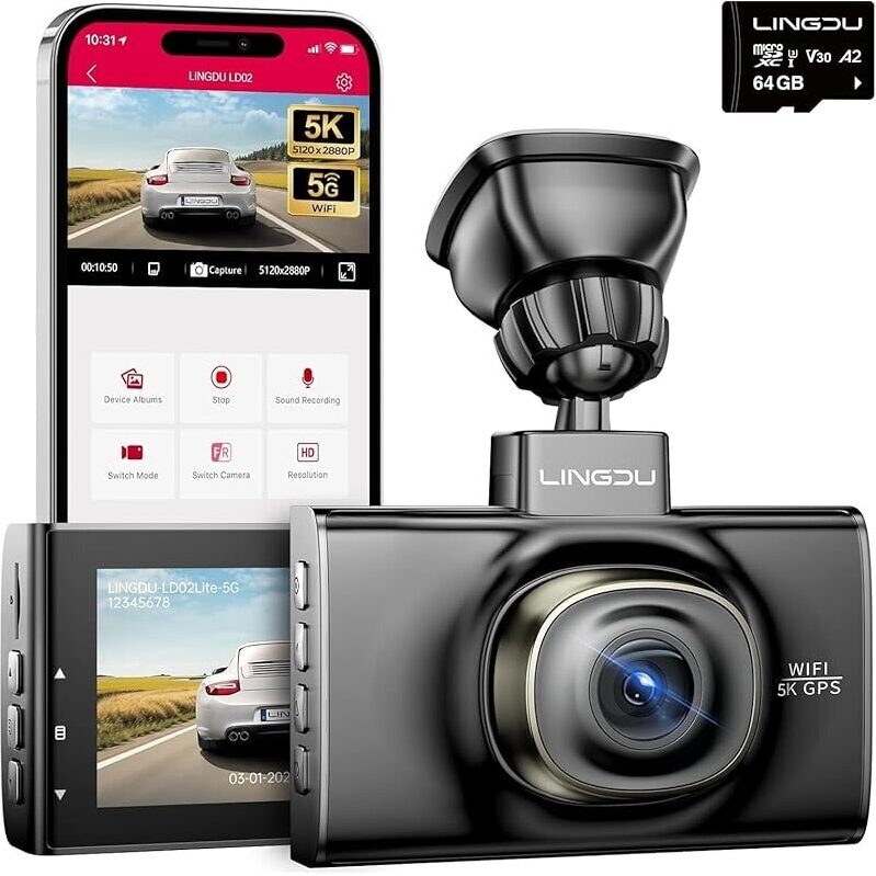 LINGDU LD02 5K 5G WiFi Dash Cam with 64GB SD Card - High-Resolution Safety