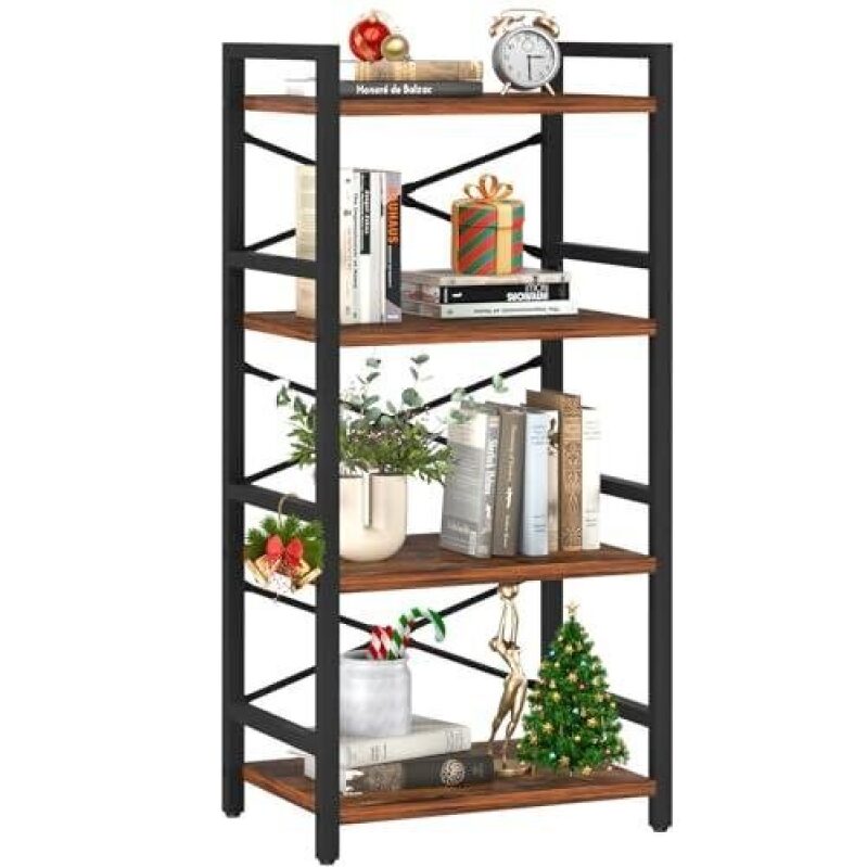 Industrial Style Narrow Bookshelf - 4 Tiers, 60% Discount