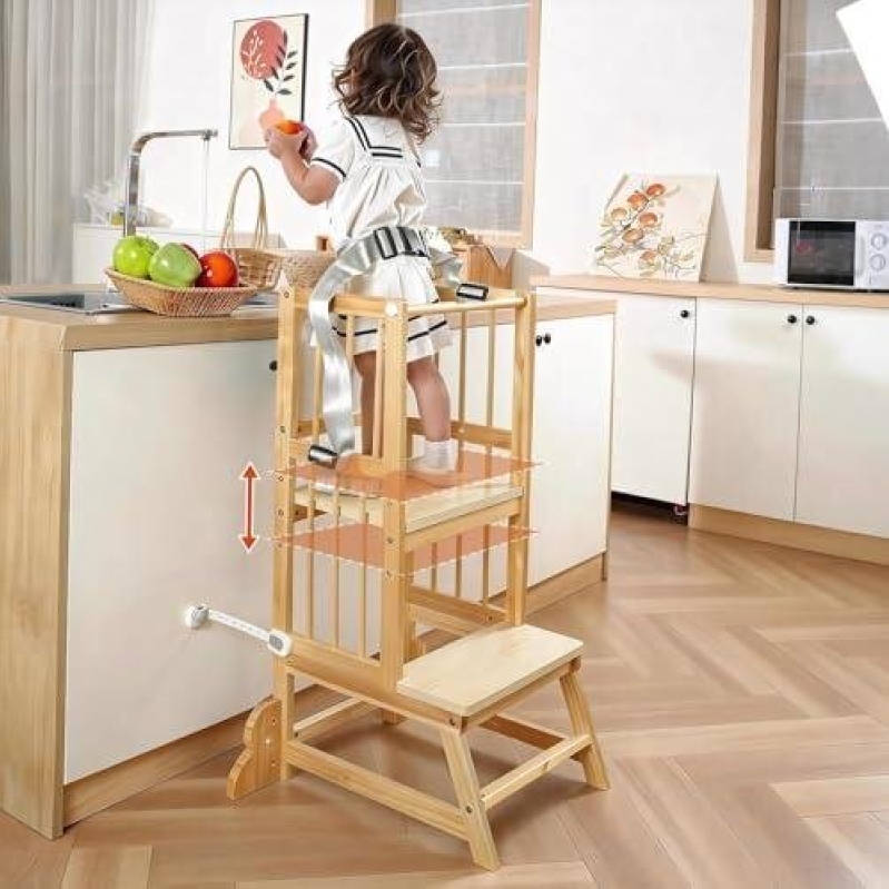 Adjustable Wooden Child Learning Step Stool with Safety Straps