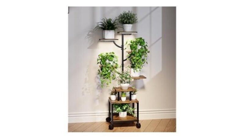 7-Tier Indoor Plant Stand with Grow Lights - Metal & Wood Plant Shelf