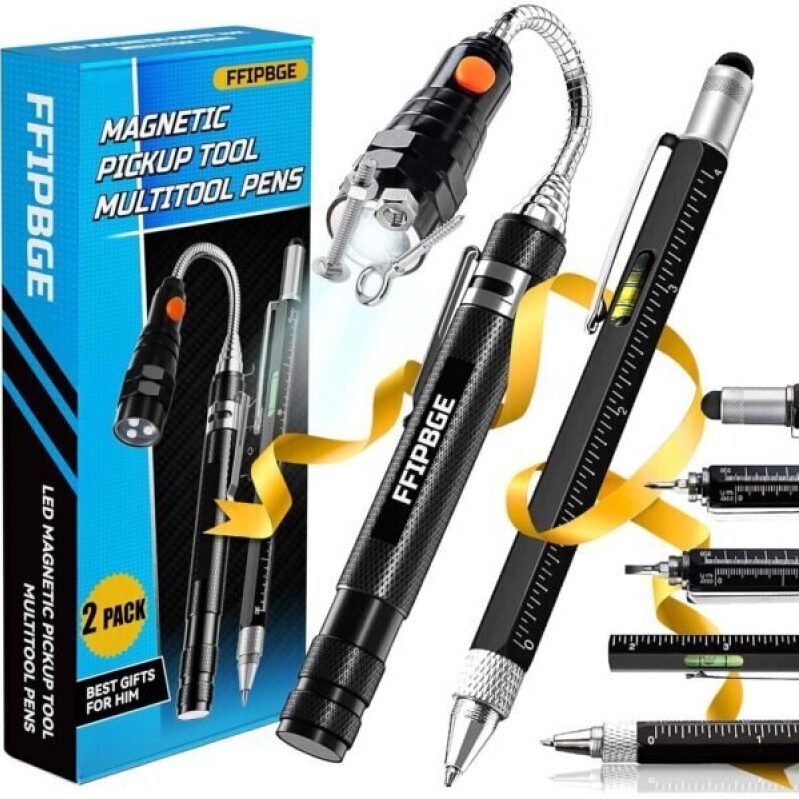 Magnetic Pickup Tool with Telescoping Magnetic Flashlight and 6 in 1 Multitool Pen with Rulers, Bubble Level, Screwdrivers, Ballpoint