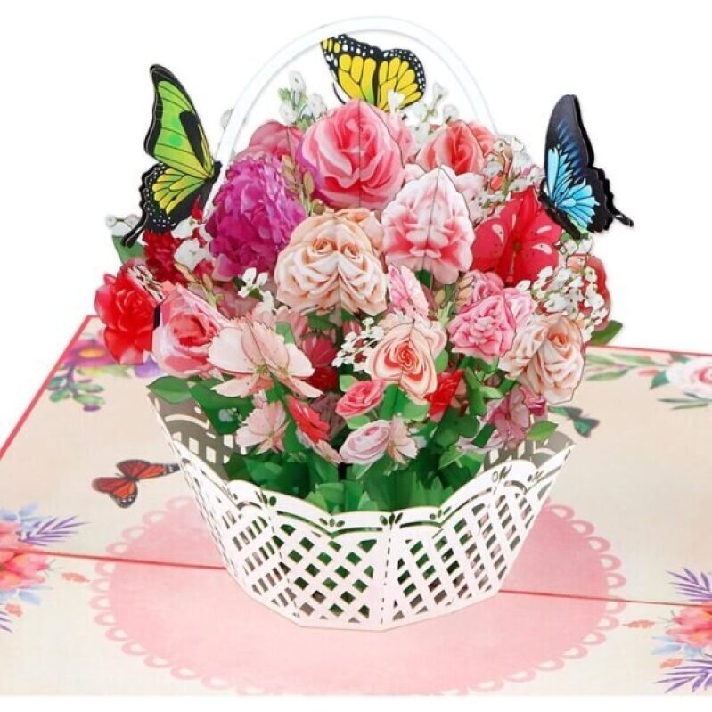 Elegant Basket Pink Rose Pop Up Mothers Day Card with Envelope