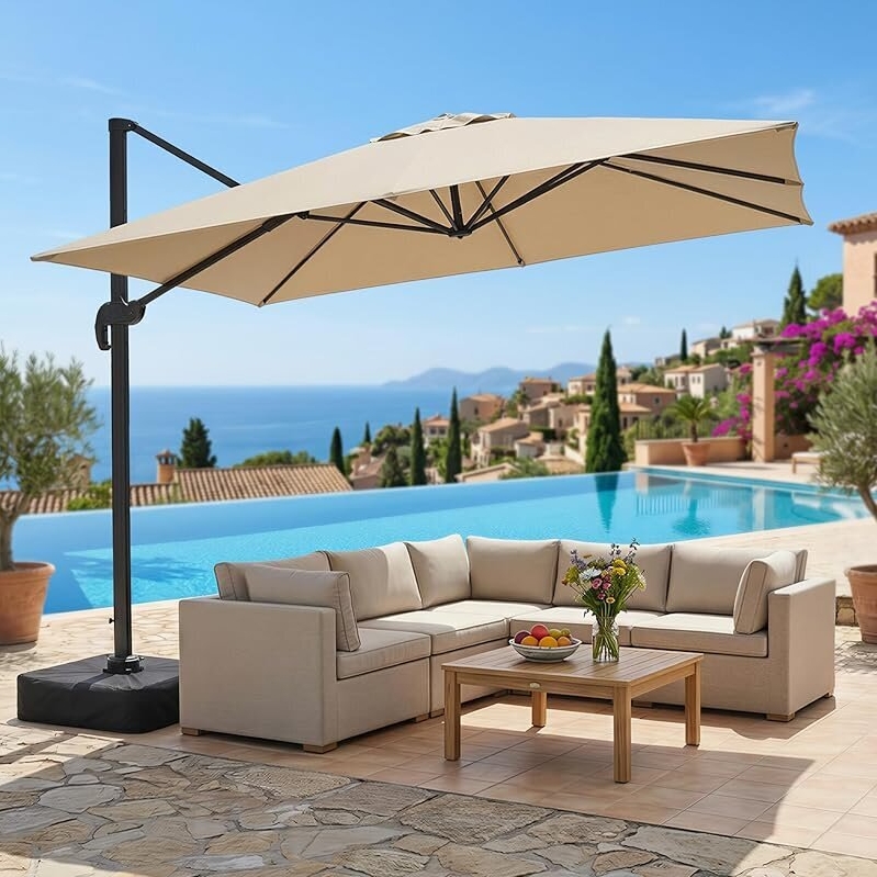 9x12ft Offset Cantilever Patio Umbrella with Base - UV Protection & Rain Repellent